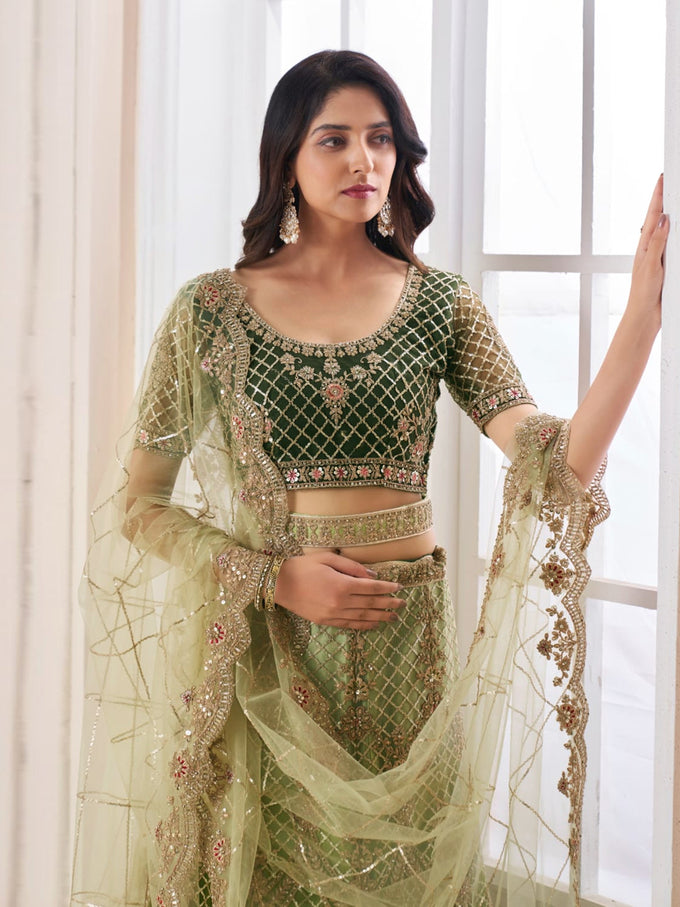 Mahendi Net Embroidery Lehenga Choli with Dupatta For Women's Trendmalls
