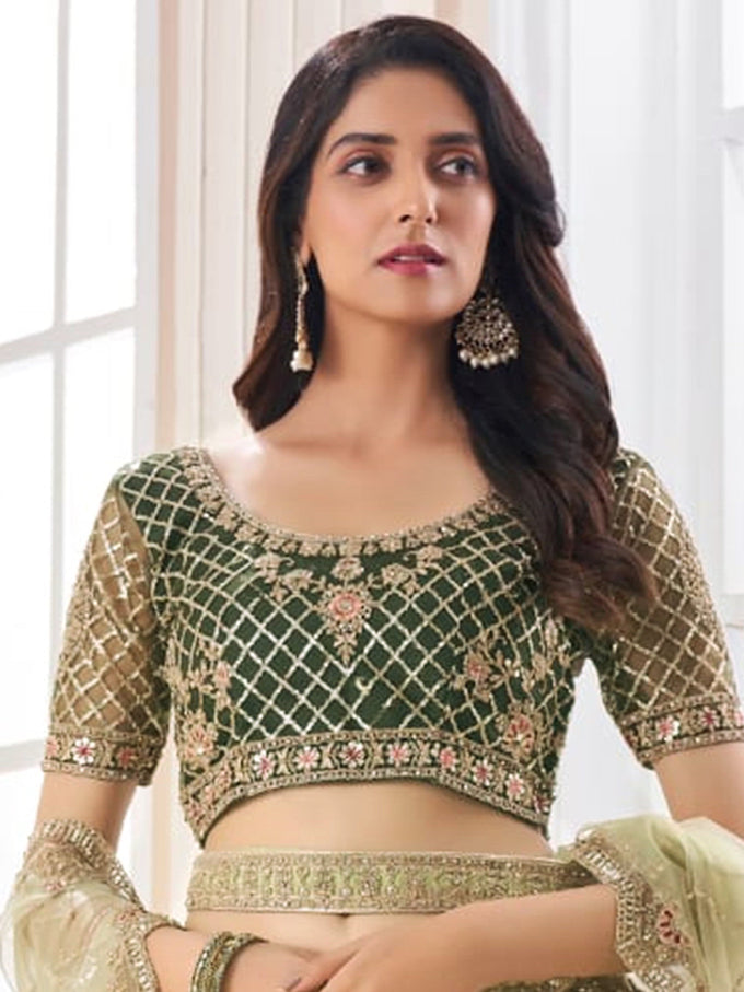 Mahendi Net Embroidery Lehenga Choli with Dupatta For Women's Trendmalls