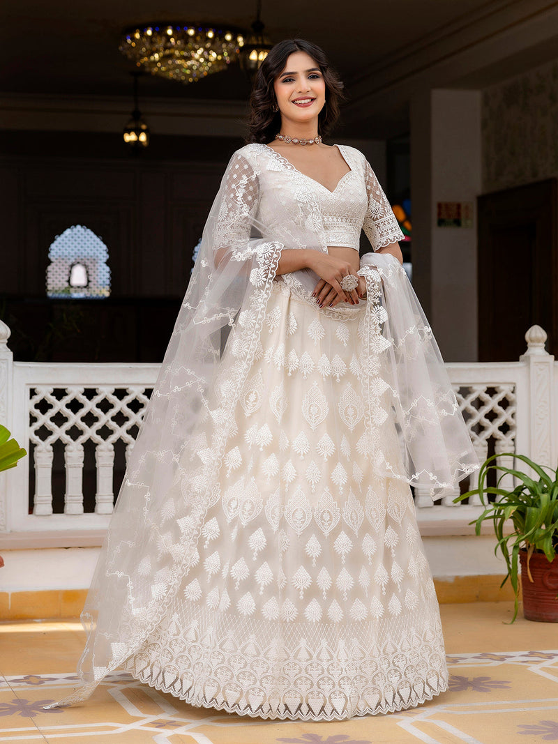 White Net Embroidery Lehenga Choli with Dupatta For Women's Trendmalls