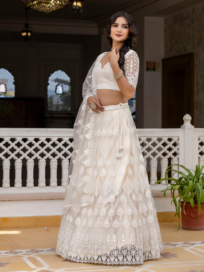 White Net Embroidery Lehenga Choli with Dupatta For Women's Trendmalls