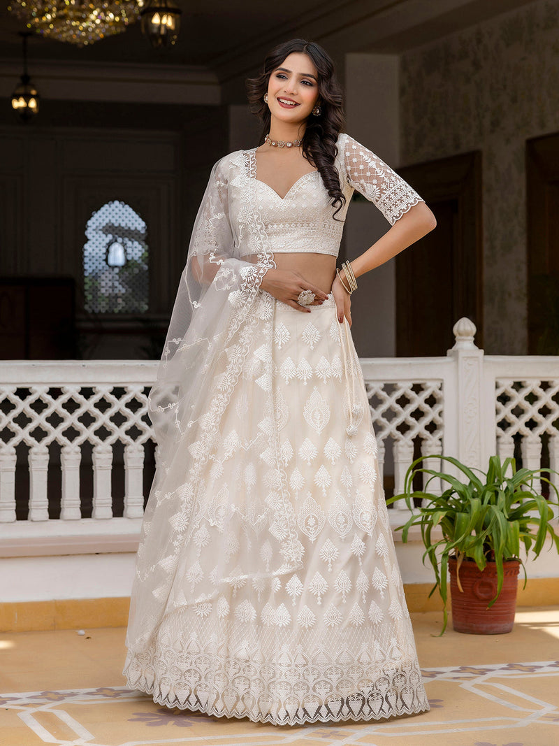 White Net Embroidery Lehenga Choli with Dupatta For Women's Trendmalls