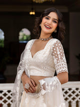 White Net Embroidery Lehenga Choli with Dupatta For Women's Trendmalls
