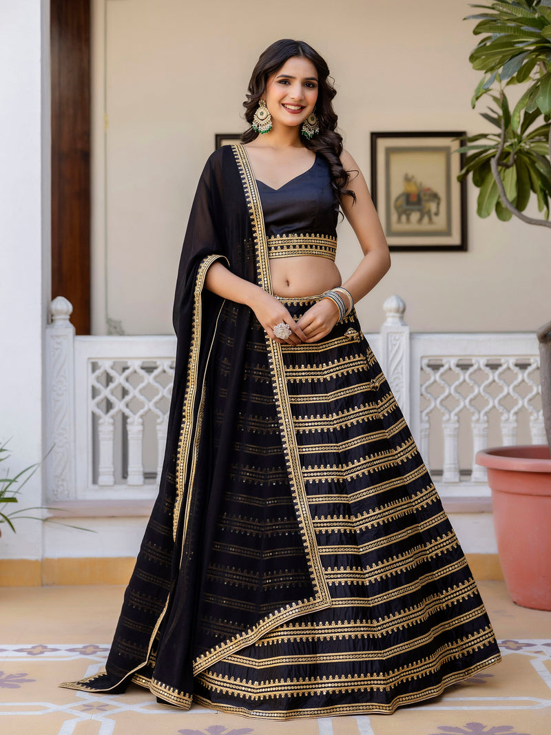 Black Silk Embroidery Lehenga Choli With Dupatta For Women's Trendmalls