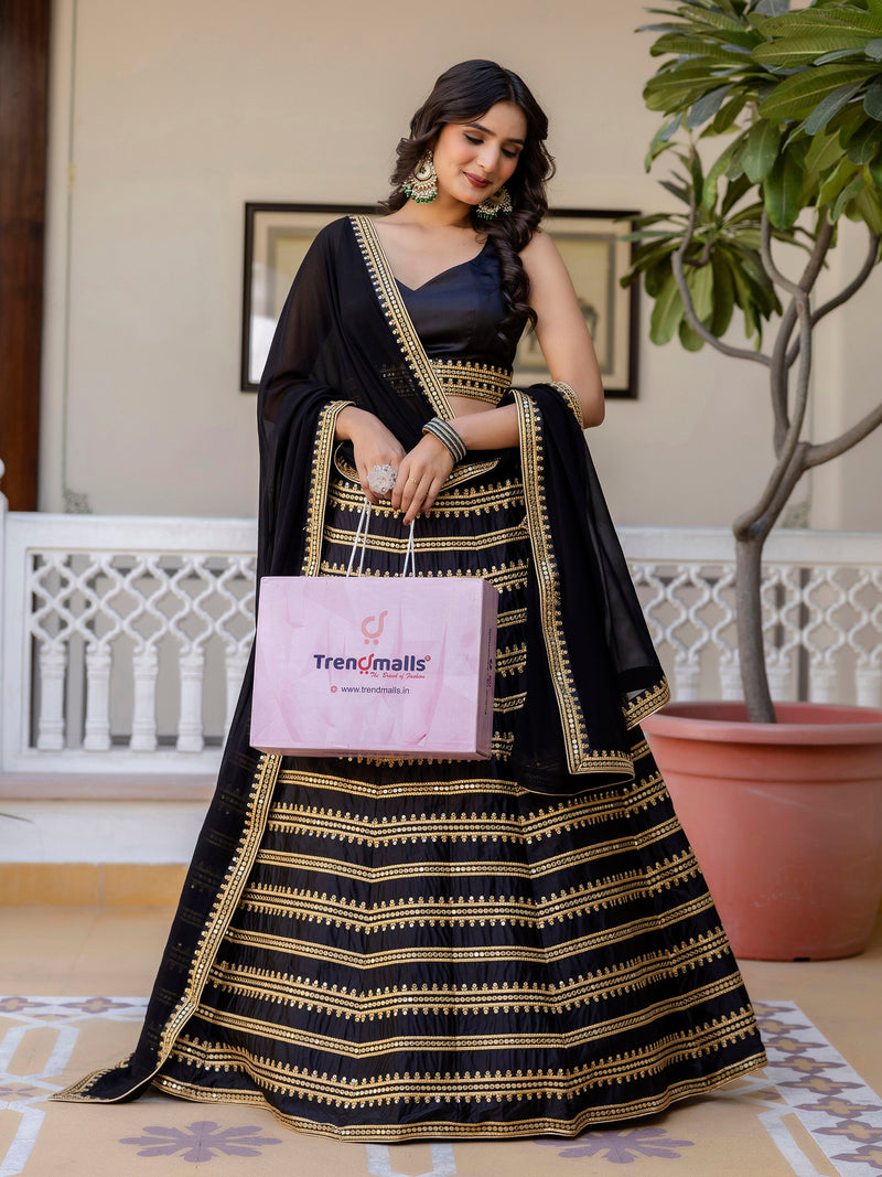 Black Silk Embroidery Lehenga Choli With Dupatta For Women's Trendmalls