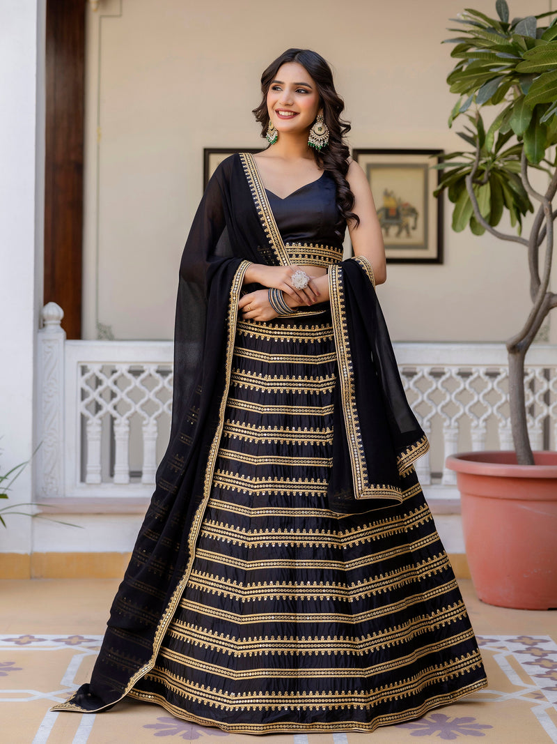 Black Silk Embroidery Lehenga Choli With Dupatta For Women's Trendmalls