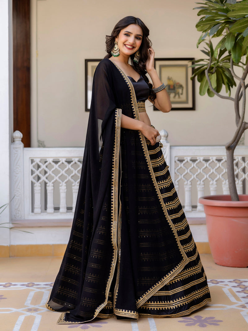 Black Silk Embroidery Lehenga Choli With Dupatta For Women's Trendmalls
