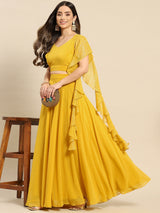 Yellow Semi-Stitched Crop Top Lehenga Choli Unstitch Blouse with Foil Print Dupatta For Women Trendmalls