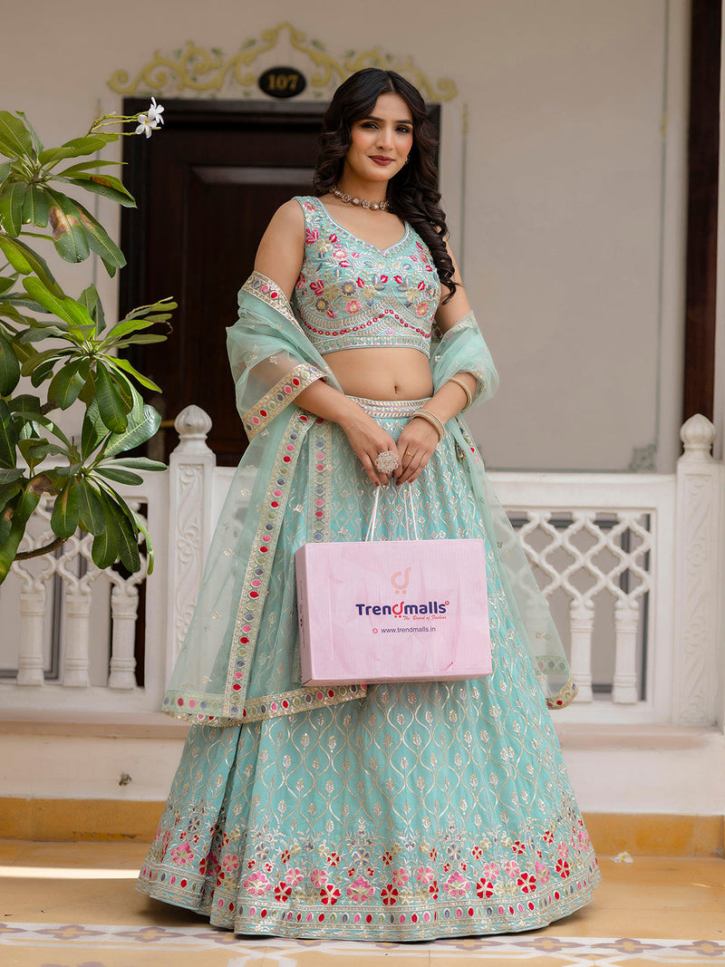 LightGreen Georgette Embroidery Sequence Work Semi-Stitched Lehenga Choli with Dupatta For Women Trendmalls