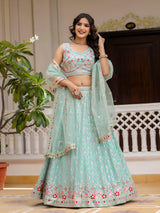 LightGreen Georgette Embroidery Sequence Work Semi-Stitched Lehenga Choli with Dupatta For Women Trendmalls