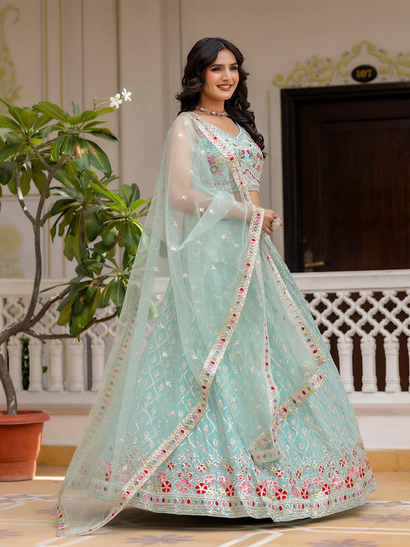 LightGreen Georgette Embroidery Sequence Work Semi-Stitched Lehenga Choli with Dupatta For Women Trendmalls