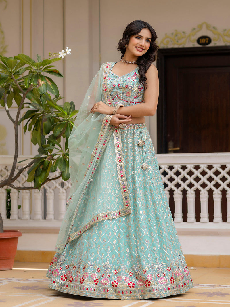 LightGreen Georgette Embroidery Sequence Work Semi-Stitched Lehenga Choli with Dupatta For Women Trendmalls