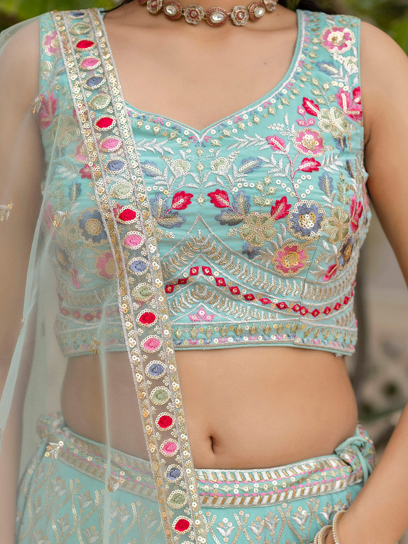 LightGreen Georgette Embroidery Sequence Work Semi-Stitched Lehenga Choli with Dupatta For Women Trendmalls