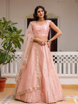 Pink Satin Embroidery Sequence Work Semi-Stitched Lehenga Choli with Net Dupatta For Women Trendmalls