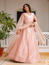 Pink Satin Embroidery Sequence Work Semi-Stitched Lehenga Choli with Net Dupatta For Women Trendmalls