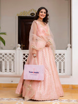 Pink Satin Embroidery Sequence Work Semi-Stitched Lehenga Choli with Net Dupatta For Women Trendmalls