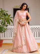 Pink Satin Embroidery Sequence Work Semi-Stitched Lehenga Choli with Net Dupatta For Women Trendmalls