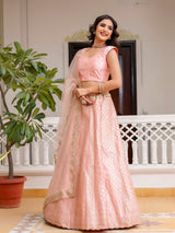 Pink Satin Embroidery Sequence Work Semi-Stitched Lehenga Choli with Net Dupatta For Women Trendmalls