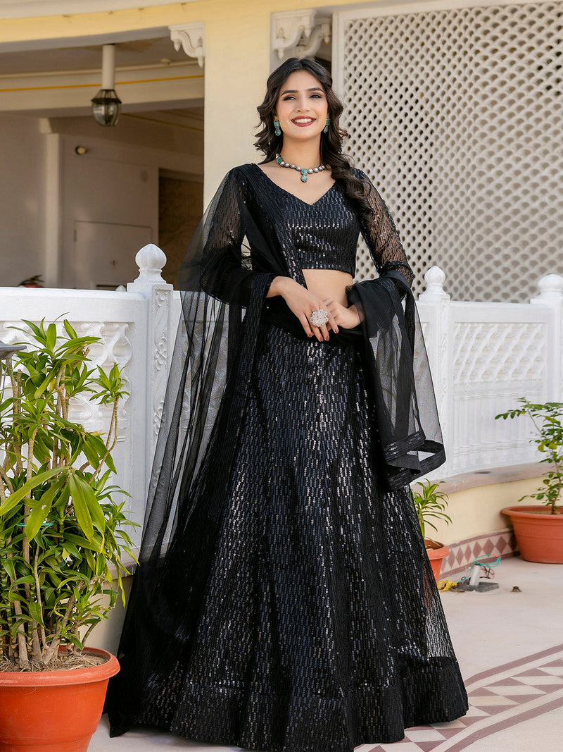 Black Net Sequin Embroidery Lehenga Choli with Dupatta |Bridal Party Stylish Wedding Lehenga Choli for women Trendmalls