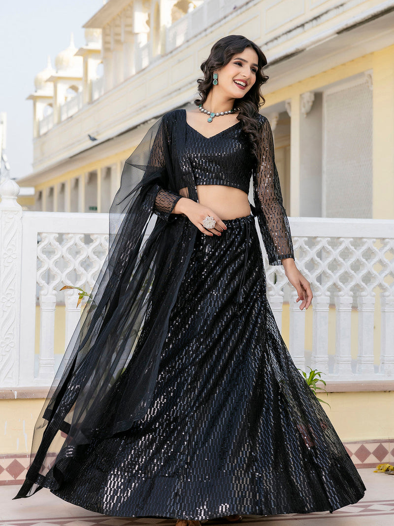 Black Net Sequin Embroidery Lehenga Choli with Dupatta |Bridal Party Stylish Wedding Lehenga Choli for women Trendmalls