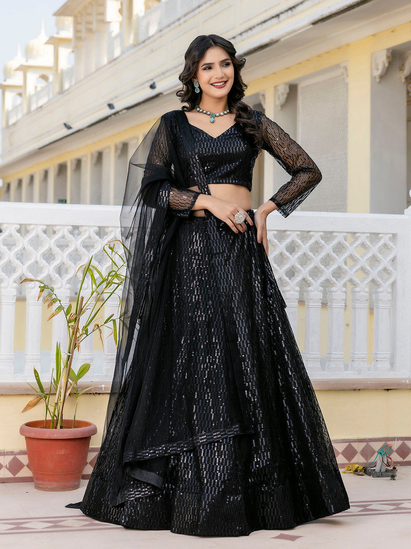 Black Net Sequin Embroidery Lehenga Choli with Dupatta |Bridal Party Stylish Wedding Lehenga Choli for women Trendmalls