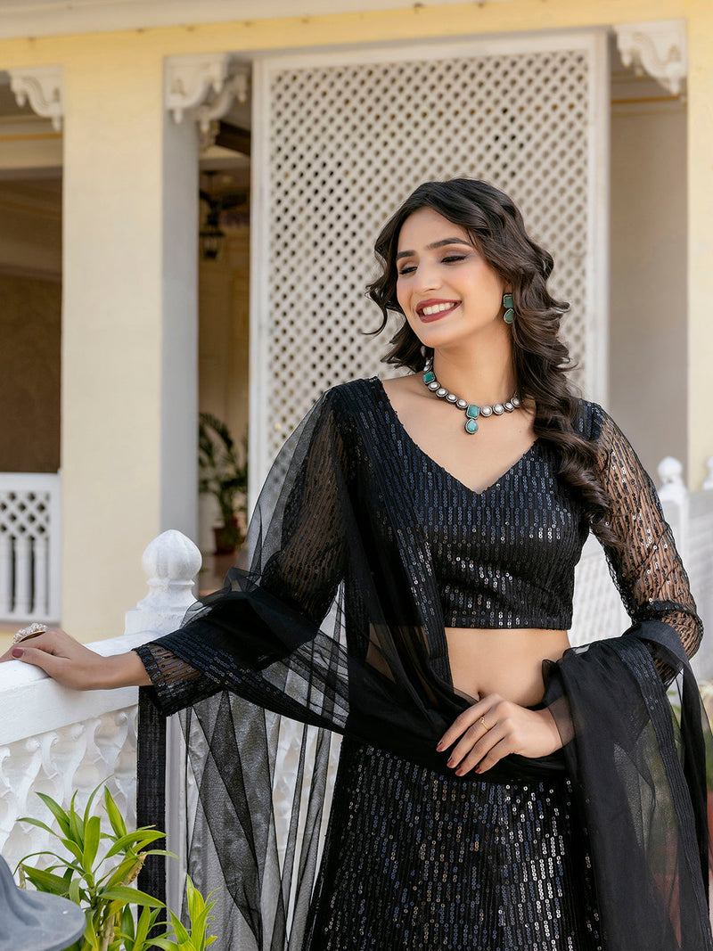 Black Net Sequin Embroidery Lehenga Choli with Dupatta |Bridal Party Stylish Wedding Lehenga Choli for women Trendmalls
