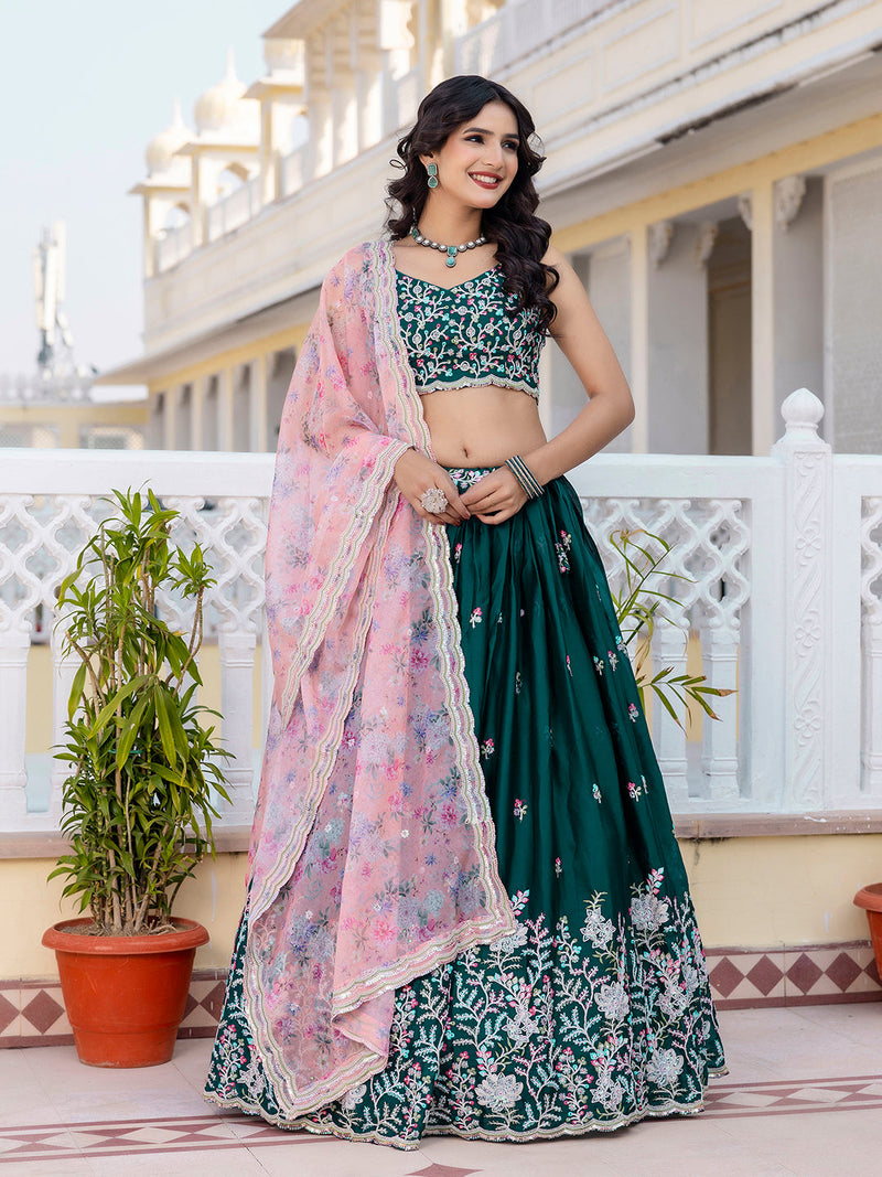 Darkgreen Chiffon Embroidery work Lehenga Choli with Floral Print Dupatta for Women Trendmalls