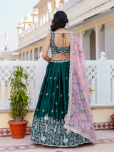 Darkgreen Chiffon Embroidery work Lehenga Choli with Floral Print Dupatta for Women Trendmalls