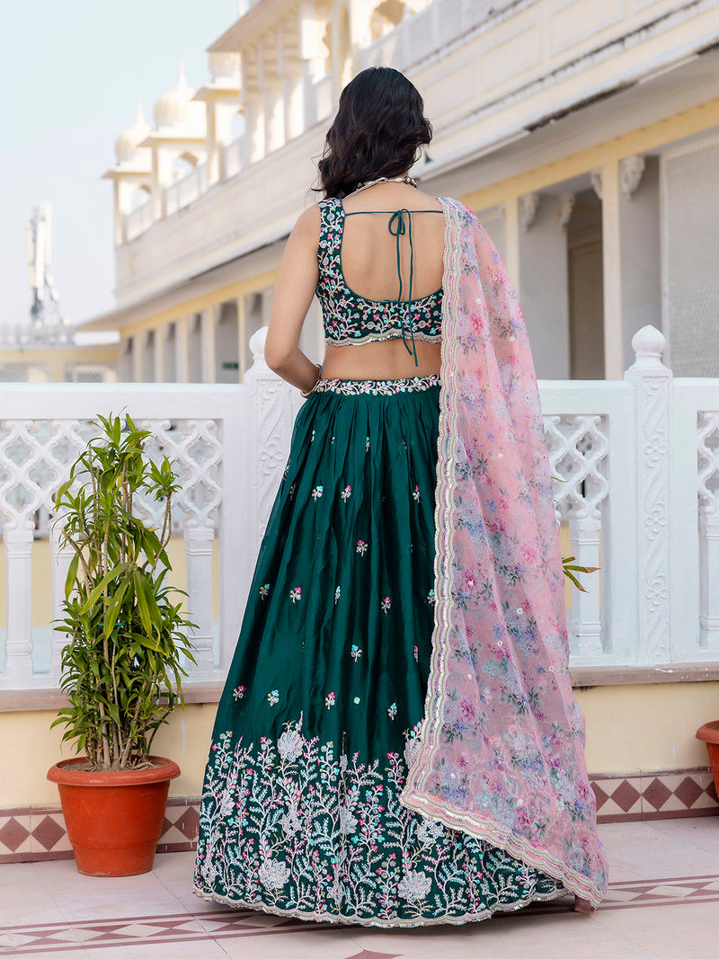 Darkgreen Chiffon Embroidery work Lehenga Choli with Floral Print Dupatta for Women Trendmalls
