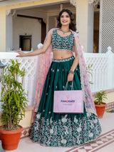 Darkgreen Chiffon Embroidery work Lehenga Choli with Floral Print Dupatta for Women Trendmalls
