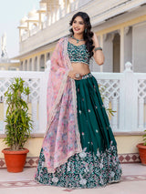Darkgreen Chiffon Embroidery work Lehenga Choli with Floral Print Dupatta for Women Trendmalls