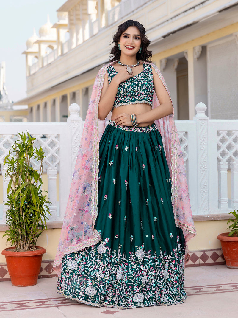 Darkgreen Chiffon Embroidery work Lehenga Choli with Floral Print Dupatta for Women Trendmalls