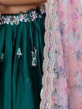 Darkgreen Chiffon Embroidery work Lehenga Choli with Floral Print Dupatta for Women Trendmalls