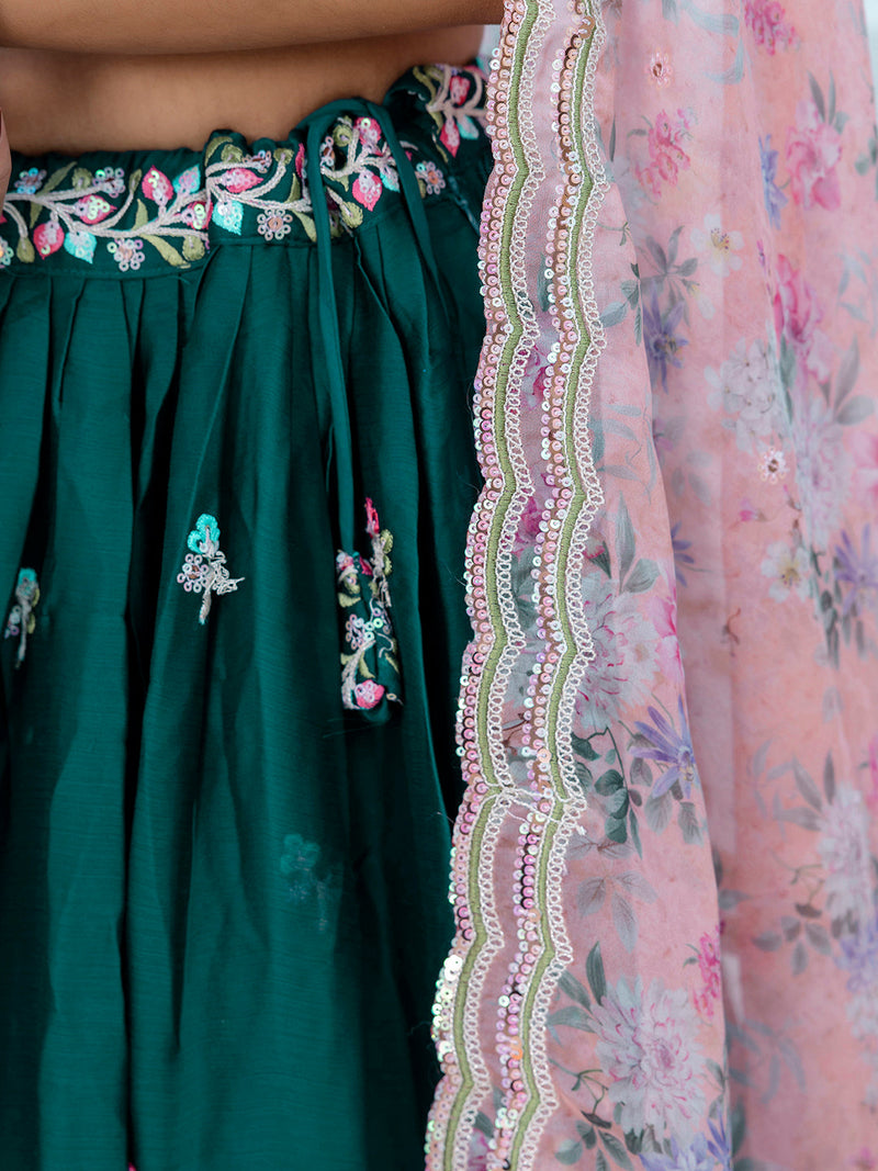 Darkgreen Chiffon Embroidery work Lehenga Choli with Floral Print Dupatta for Women Trendmalls