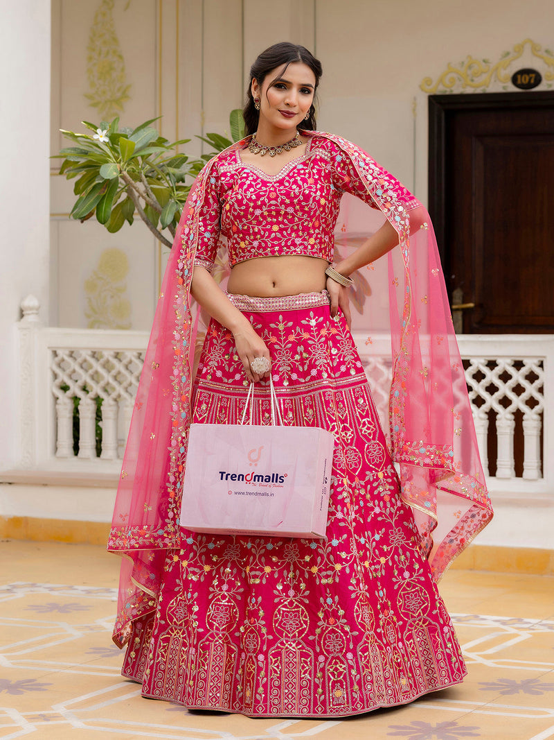 Pink Satin Embroidery Lehenga Choli with Dupatta | Bridal Party Stylish Wedding Lehenga Choli for women Trendmalls