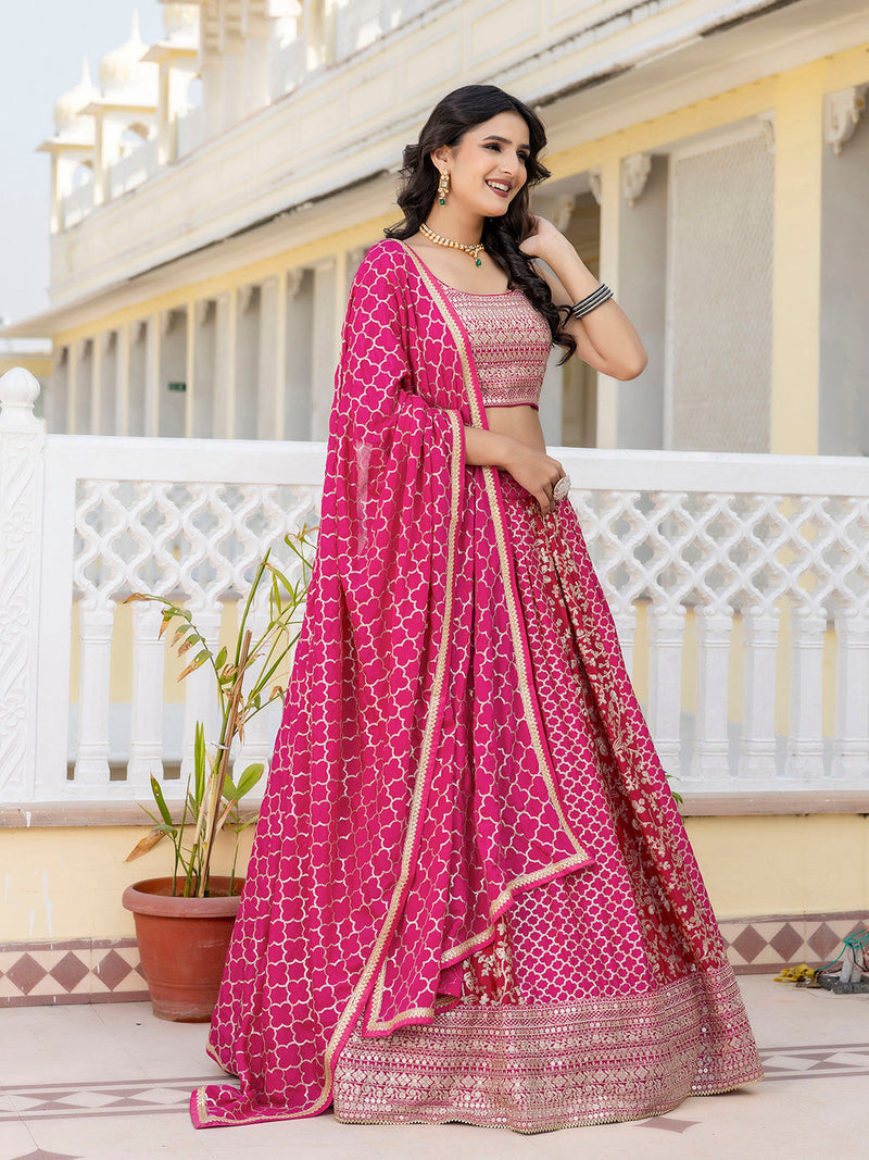 Pink Art Silk Embroidery Work Lehenga Choli with Dupatta | Bridal Sangeet Lehenga Choli for women Trendmalls