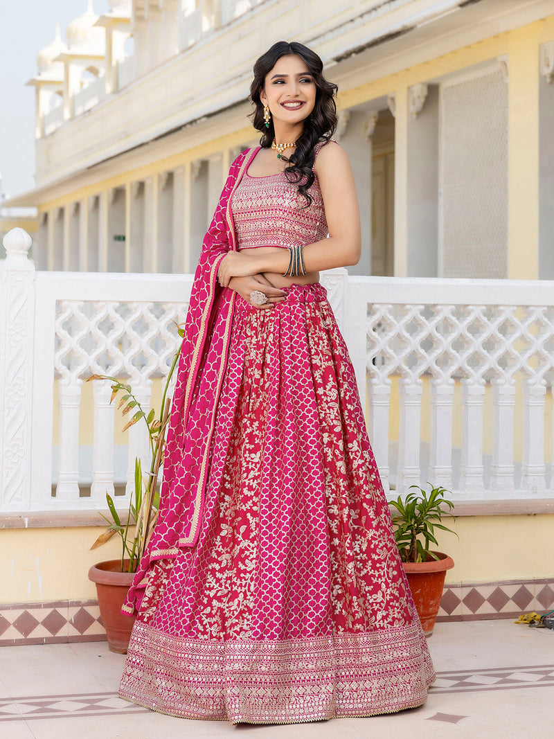 Pink Art Silk Embroidery Work Lehenga Choli with Dupatta | Bridal Sangeet Lehenga Choli for women Trendmalls