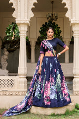 Blue Jam Satin Flower Printed Semi-Stitched Lehenga Choli with Dupatta For Women's Trendmalls