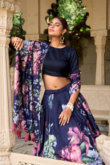 Blue Jam Satin Flower Printed Semi-Stitched Lehenga Choli with Dupatta For Women's Trendmalls
