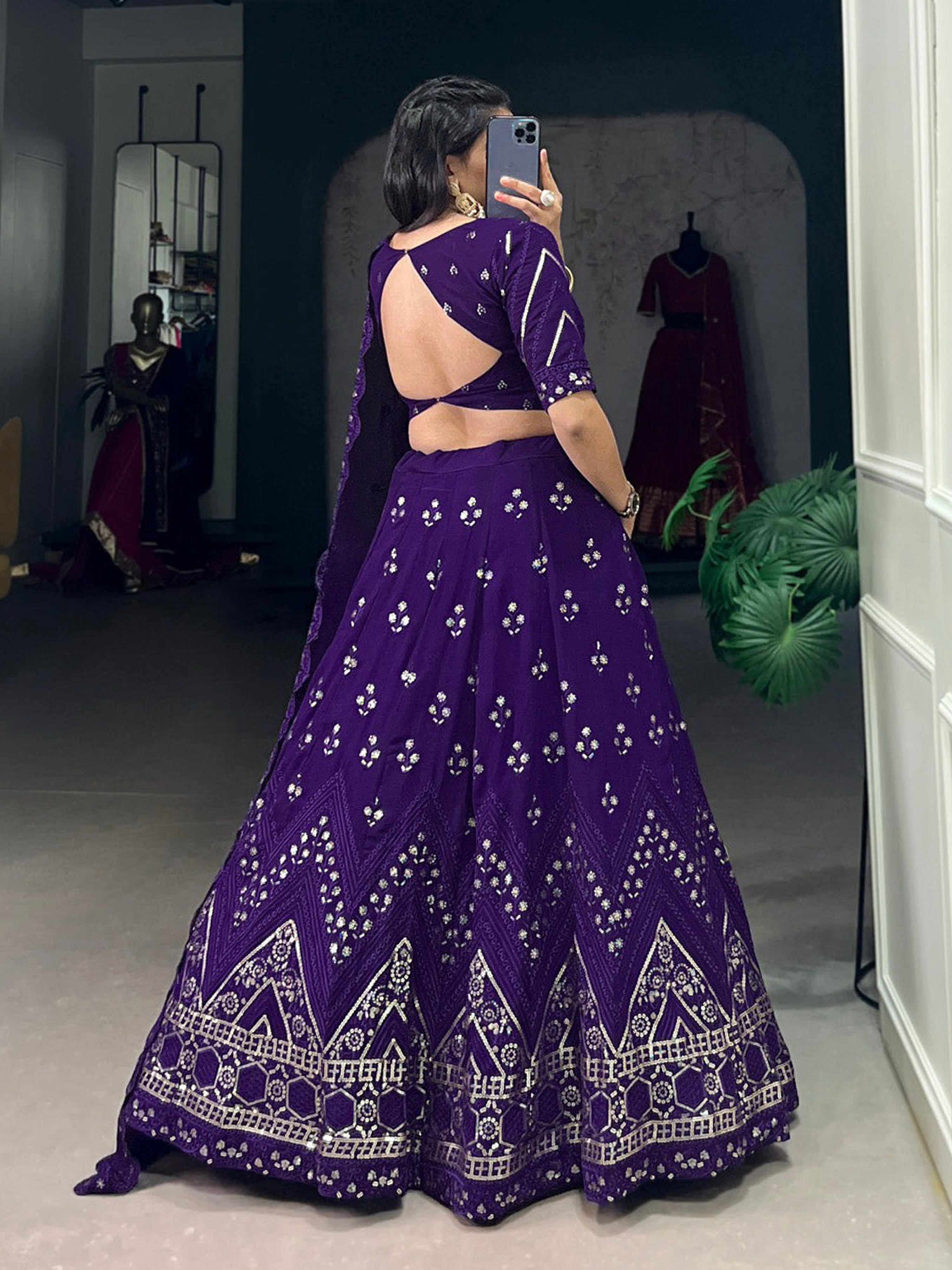 Purple Georgette Embroidery Sequin Lehenga Choli Dupatta Set Trendmalls