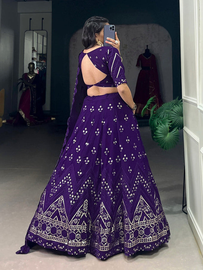 Purple Georgette Embroidery Sequin Lehenga Choli Dupatta Set Trendmalls