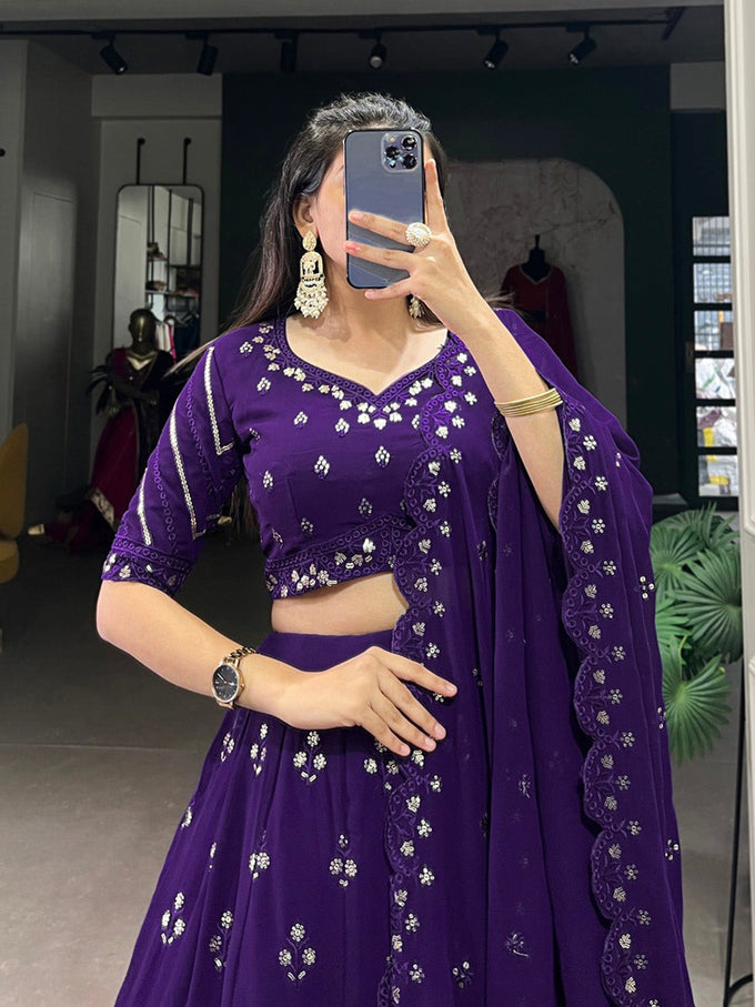 Purple Georgette Embroidery Sequin Lehenga Choli Dupatta Set Trendmalls