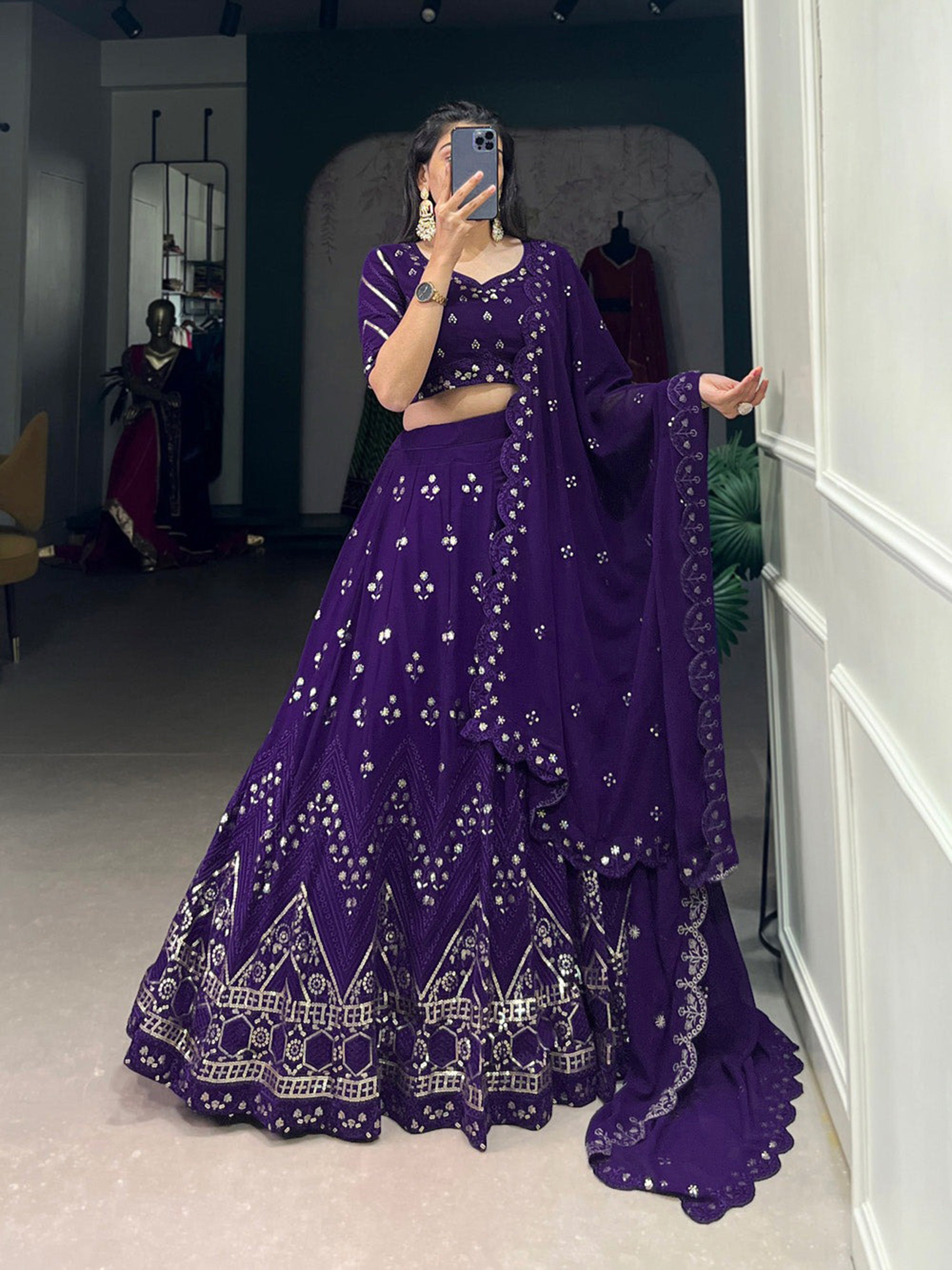 Purple Georgette Embroidery Sequin Lehenga Choli Dupatta Set Trendmalls