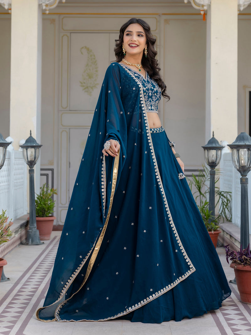 Morpeach Georgette Plain Lehenga with Embroidery work Choli Dupatta Set Trendmalls