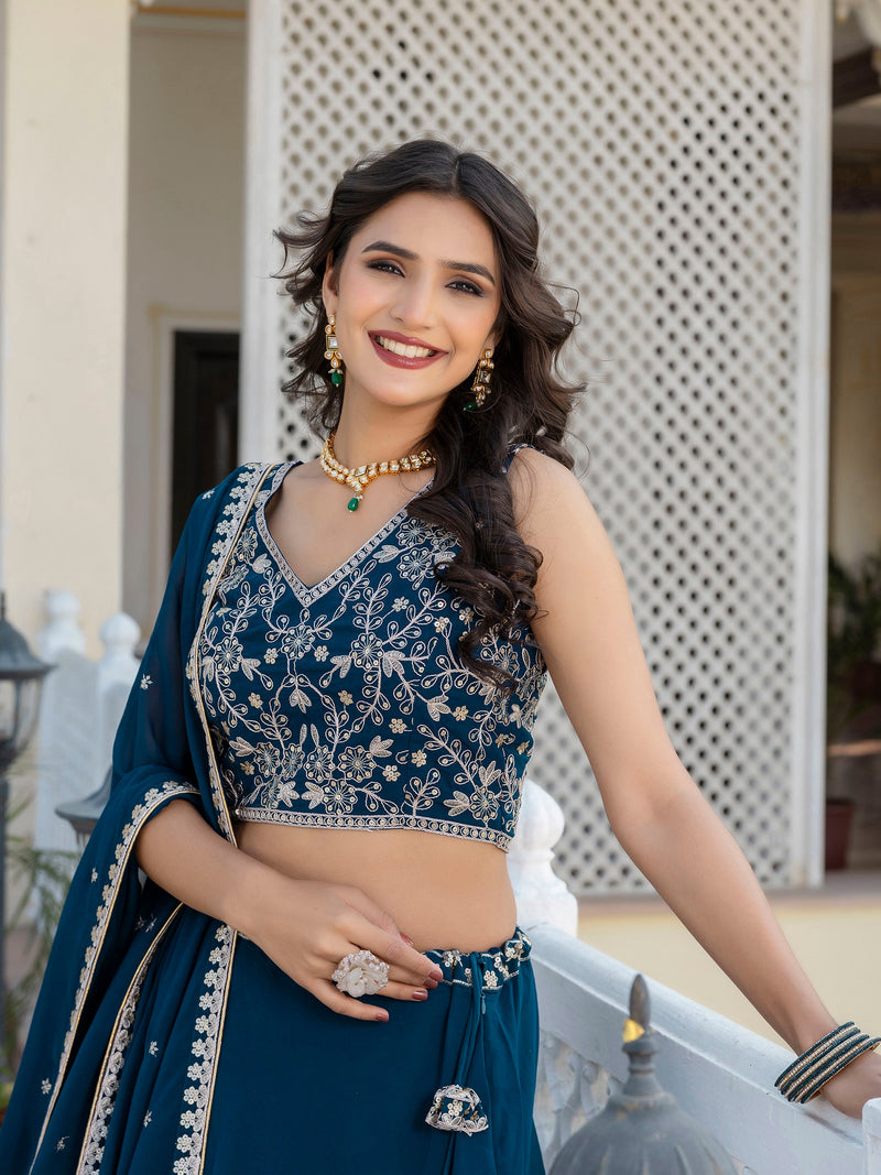 Morpeach Georgette Plain Lehenga with Embroidery work Choli Dupatta Set Trendmalls