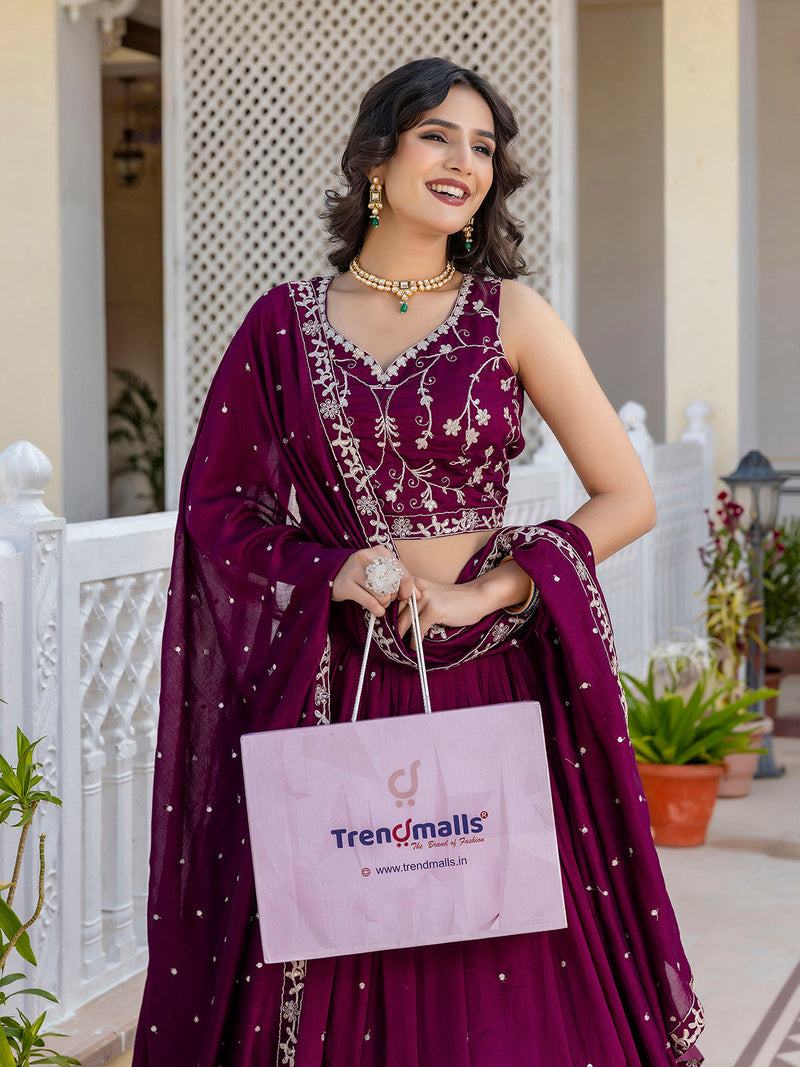 Purple Art Silk Embroidery Sequin work Lehenga Choli with Dupatta-SemiStitch | Stylish Wedding Lehenga Choli for women Trendmalls