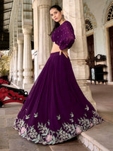 Purple Georgette Sequins Embroidery Work Crop Top SemiStitch Lehenga with Unstitch Crop Top Trendmalls
