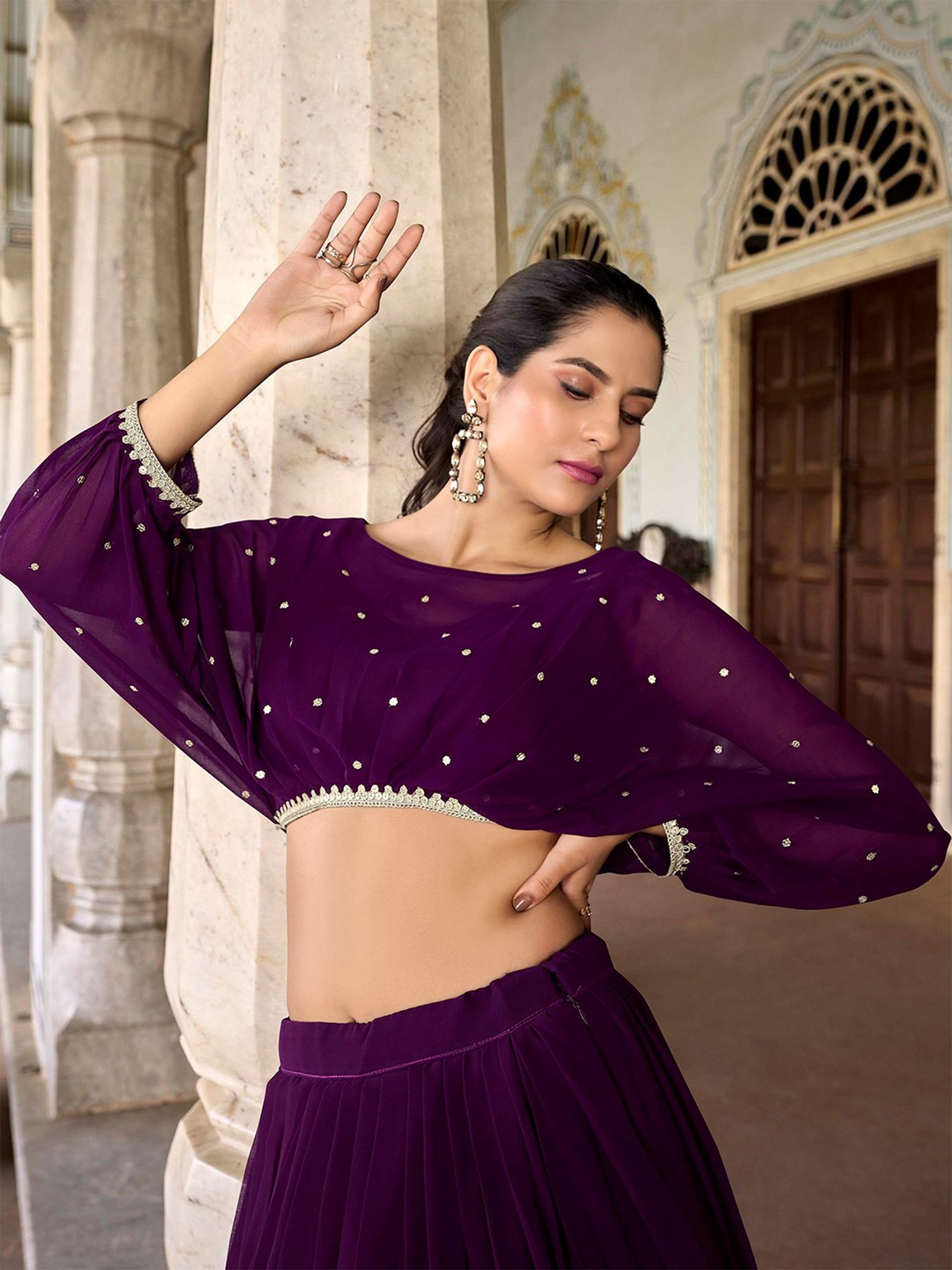 Purple Georgette Sequins Embroidery Work Crop Top SemiStitch Lehenga with Unstitch Crop Top Trendmalls