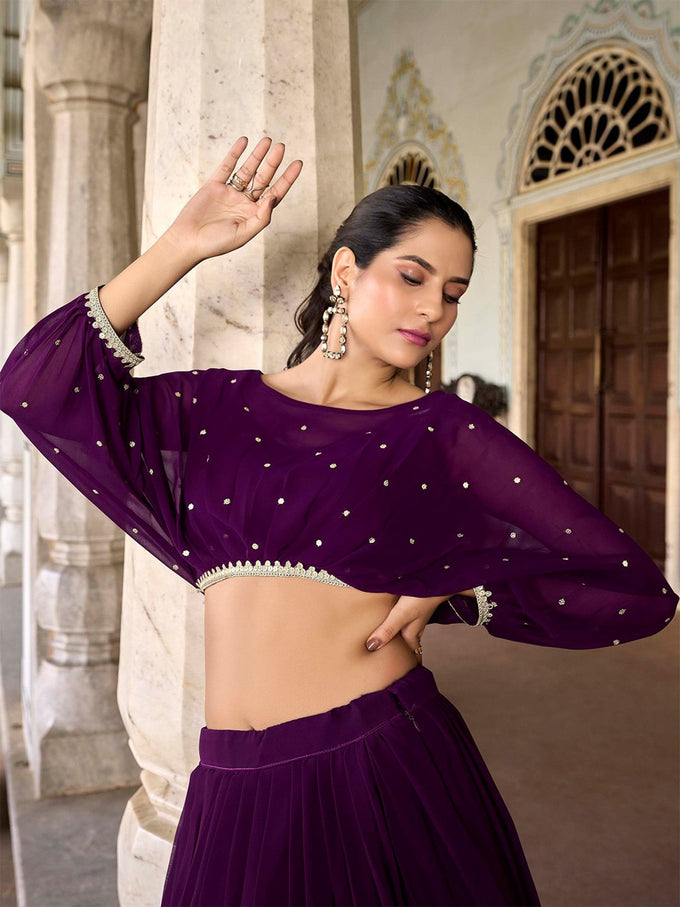 Purple Georgette Sequins Embroidery Work Crop Top SemiStitch Lehenga with Unstitch Crop Top Trendmalls