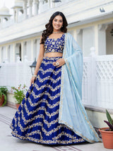 Blue Satin Sequin Embroidery Work Lehenga Choli with Dupatta Trendmalls