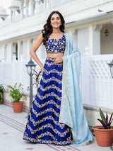 Blue Satin Sequin Embroidery Work Lehenga Choli with Dupatta Trendmalls